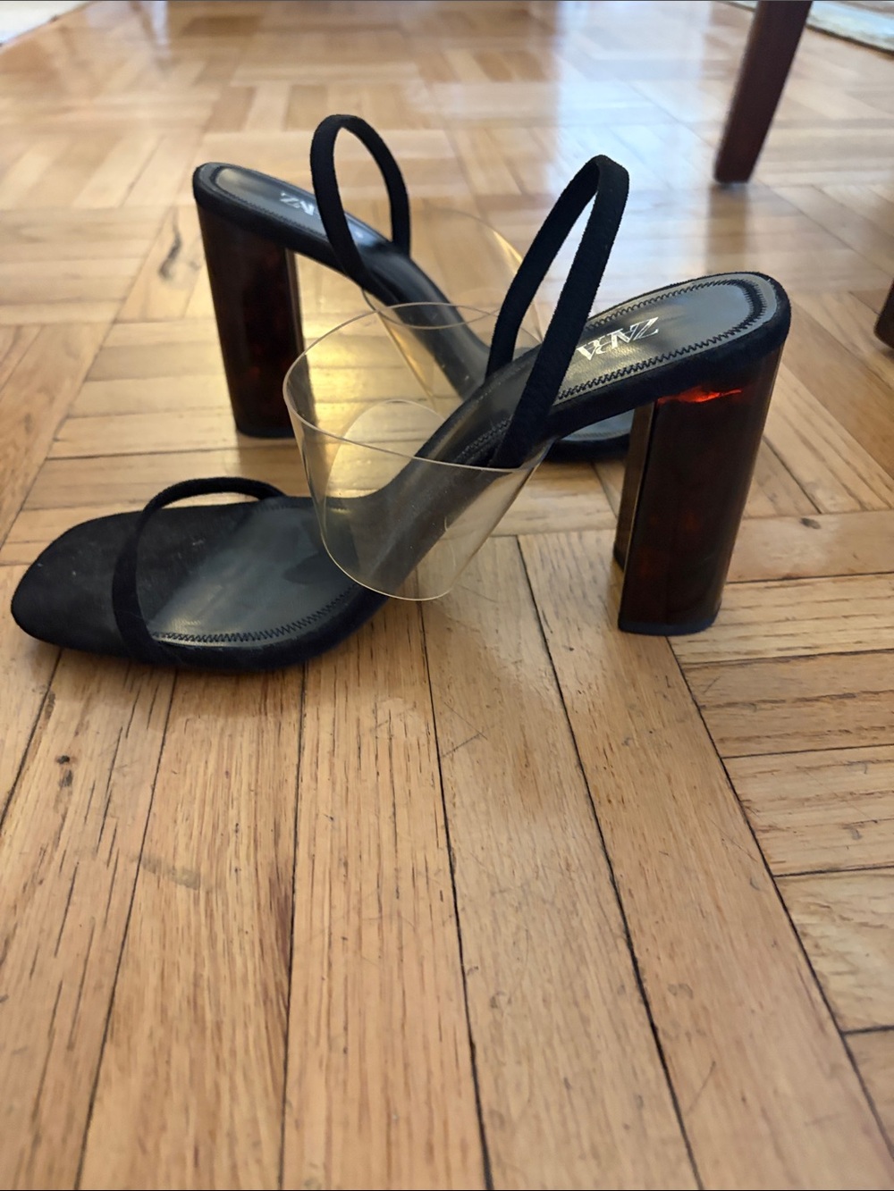 ZARA Black Heeled Sandals with Clear Strap